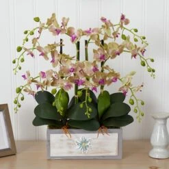 23" Cream & Pink Moth Orchid Arrangement In Decorative Wood Planter -Michaels Shop D251412S 13