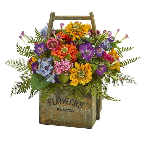 15" Mixed Floral Arrangement In Wood Basket 1 15" Mixed Floral Arrangement In Wood Basket