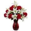 21" Red Roses & White Lilies Arrangement In Red Vase