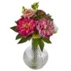 14" Pink Peony & Mum Arrangement In Glass Vase