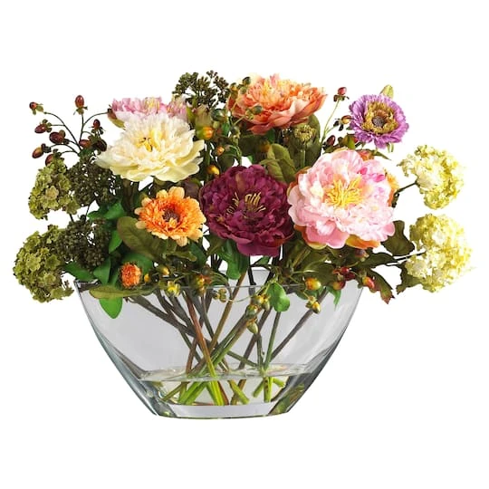 14" Multicolor Peony Arrangement In Glass Vase 2 14" Multicolor Peony Arrangement In Glass Vase - Image 2