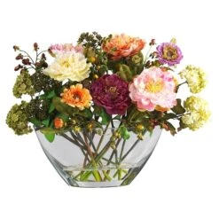 14" Multicolor Peony Arrangement In Glass Vase
