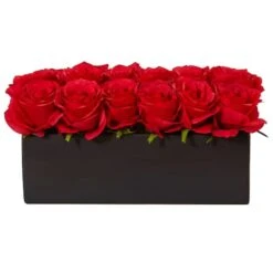 12.5" Dozen Silk Roses In Ceramic Rectangular Planter