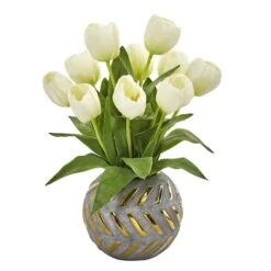 15" White Tulip Arrangement In Decorative Ceramic Vase