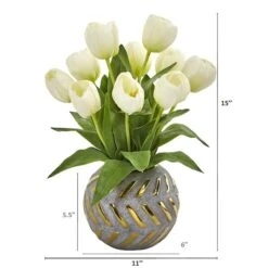 15" White Tulip Arrangement In Decorative Ceramic Vase -Michaels Shop D251602S 12