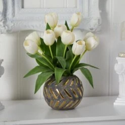 15" White Tulip Arrangement In Decorative Ceramic Vase -Michaels Shop D251602S 14