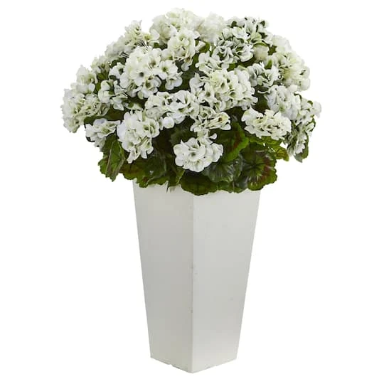 27" White UV Resistant Geranium Arrangement In White Planter 2 27" White UV Resistant Geranium Arrangement In White Planter - Image 2