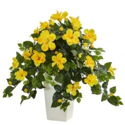 30" Yellow Hibiscus Plant In White Tower Planter