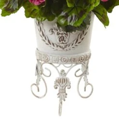 18.5" Yellow, Red & Pink UV Resistant Geranium Arrangement With White Metal Planter -Michaels Shop D251833S 13