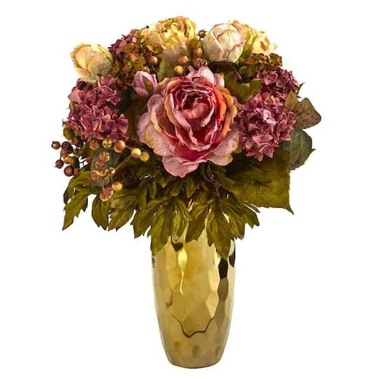 19" Peony Arrangement In Gold Vase 1 19" Peony Arrangement In Gold Vase