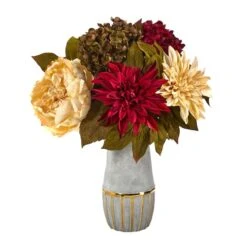 17" Peony, Hydrangea & Dahlia Arrangement In Stoneware Vase With Gold Trimming -Michaels Shop D262047S 1 1
