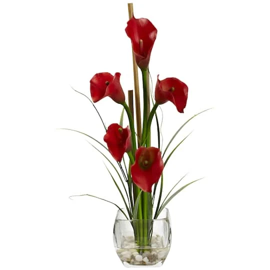 18" Red Calla Lily In Square Glass Vase 1 18" Red Calla Lily In Square Glass Vase
