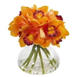 8" Orange Cymbidium Orchid Arrangement In Glass Vase