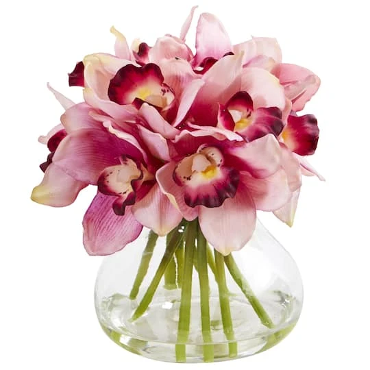 8" Pink Cymbidium Orchid Arrangement In Glass Vase 1 8" Pink Cymbidium Orchid Arrangement In Glass Vase
