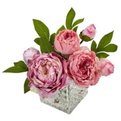 8.5" Pink Peony In Square Textured Glass Vase -Michaels Shop D262178S 12