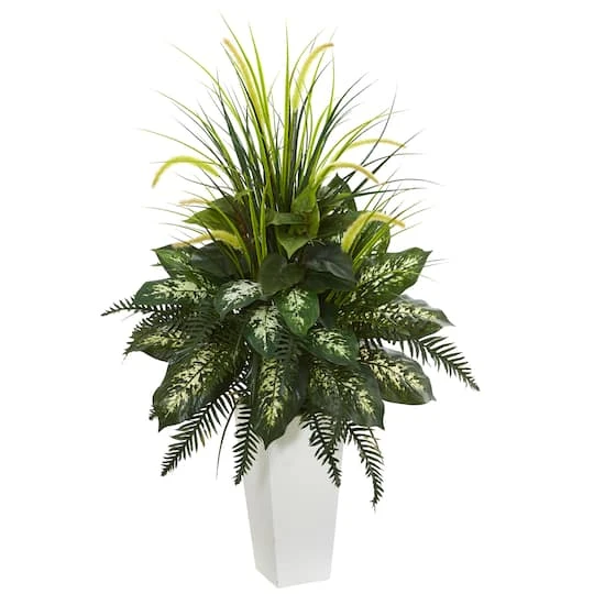 4ft. Mixed River Fern & Dogtail In White Tower Planter 1 4ft. Mixed River Fern & Dogtail In White Tower Planter