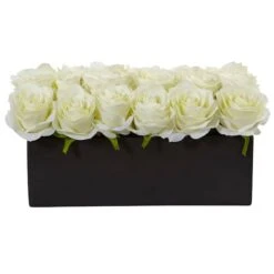 6" White Dozen Roses In Black Rectangular Ceramic Planter
