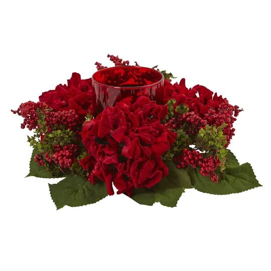 6" Red Hydrangea & Berry Candelabrum 2 6" Red Hydrangea & Berry Candelabrum - Image 2