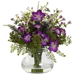 15" Purple & Green Mixed Morning Glory Flowers With Glass Vase