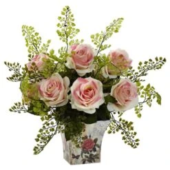 13" Light Pink Rose & Maiden Hair Arrangement In Floral Planter