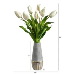 22" White Dutch Tulip Arrangement In Gold Trim Stoneware Vase -Michaels Shop D292775S 2