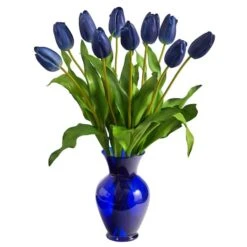 22" Blue Dutch Tulip Arrangement In Blue Vase