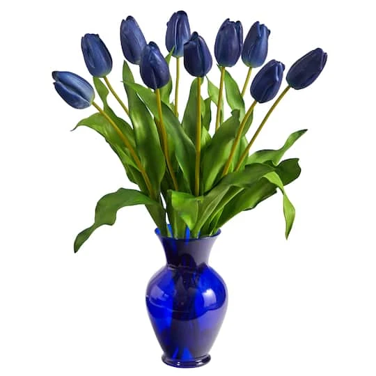 22" Blue Dutch Tulip Arrangement In Blue Vase 1 22" Blue Dutch Tulip Arrangement In Blue Vase