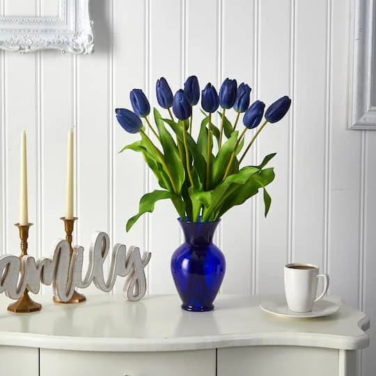22" Blue Dutch Tulip Arrangement In Blue Vase 4 22" Blue Dutch Tulip Arrangement In Blue Vase - Image 4