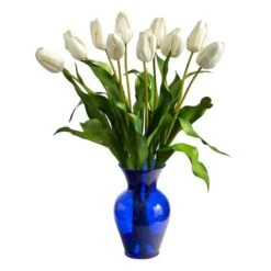 22" White Dutch Tulip Arrangement In Blue Vase