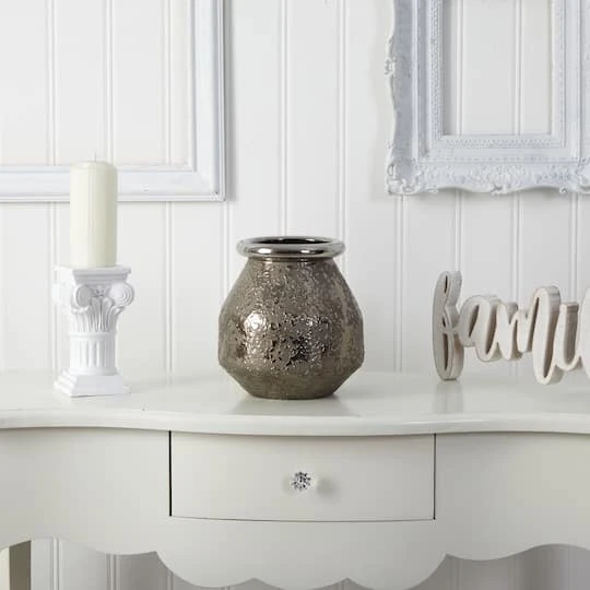 9.5" Textured Bronze Vase With Silver Rim 4 9.5" Textured Bronze Vase With Silver Rim - Image 4