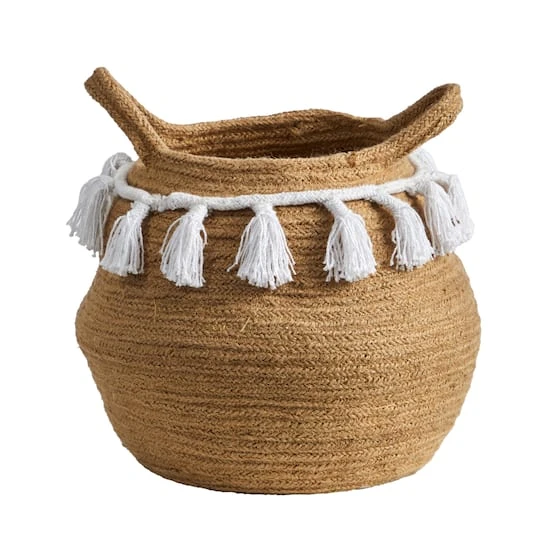 11" Boho Chic Handmade Natural Cotton Woven Basket Planter With Tassels 1 11" Boho Chic Handmade Natural Cotton Woven Basket Planter With Tassels