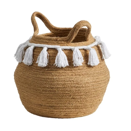 11" Boho Chic Handmade Natural Cotton Woven Basket Planter With Tassels 4 11" Boho Chic Handmade Natural Cotton Woven Basket Planter With Tassels - Image 4