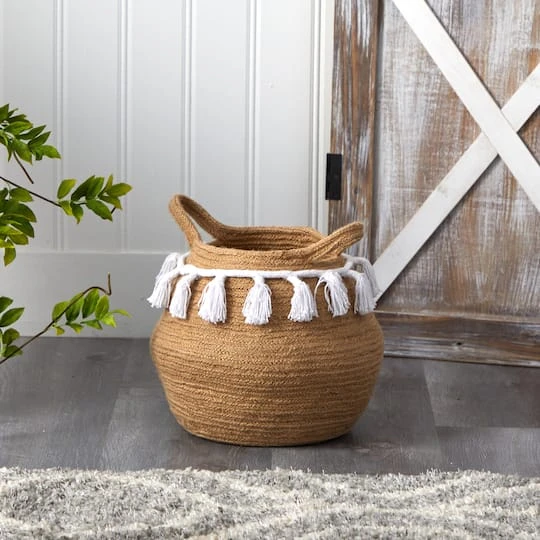 11" Boho Chic Handmade Natural Cotton Woven Basket Planter With Tassels 3 11" Boho Chic Handmade Natural Cotton Woven Basket Planter With Tassels - Image 3