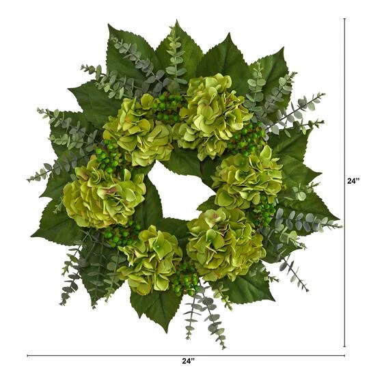 24" Green Hydrangea & Eucalyptus Leaf Wreath 3 24" Green Hydrangea & Eucalyptus Leaf Wreath - Image 3