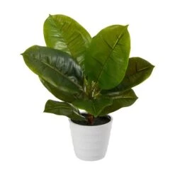 11" Rubber Leaf Plant In Decorative White Planter