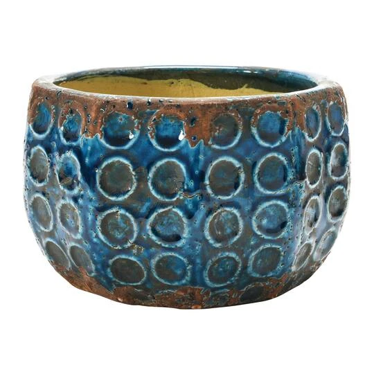 Hello Honey® 7" Distressed Blue Embossed Terra Cotta Planter With Circle Pattern 3 Hello Honey® 7" Distressed Blue Embossed Terra Cotta Planter With Circle Pattern - Image 3