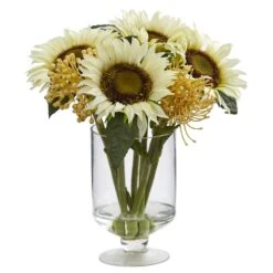 13" Sunflower & Sedum Arrangement In Footed Vase