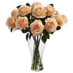 18" Blooming Peach Roses In Decorative Vase