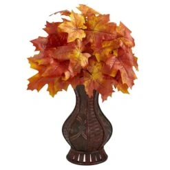 24" Autumn Orange Maple Leaf In Decorative Planter