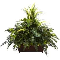 3ft. Mixed Grass & River Fern In Wood Planter