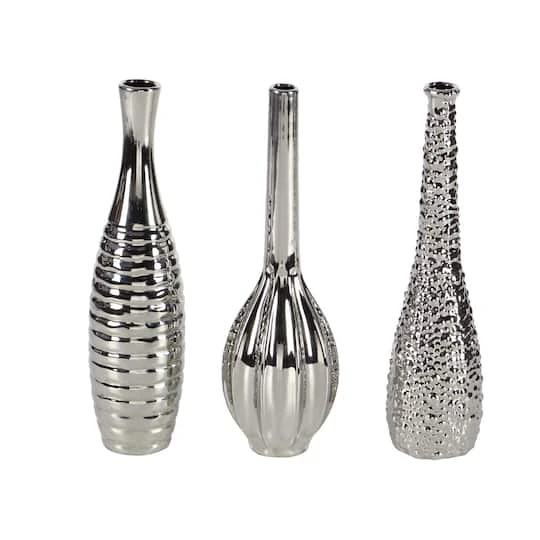 13" Silver Ceramic Glam Vase Set 4 13" Silver Ceramic Glam Vase Set - Image 4
