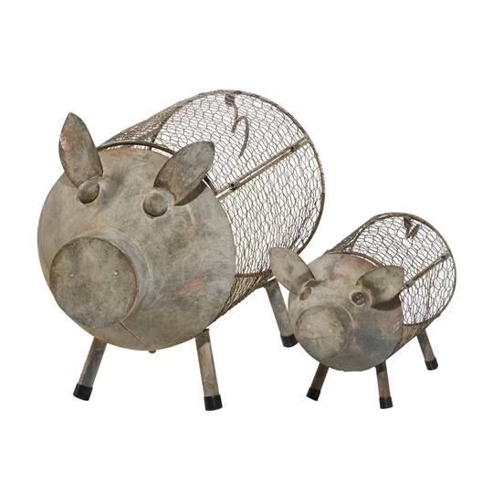 Gray Distressed Metal Farmhouse Pig Planter Set 2 Gray Distressed Metal Farmhouse Pig Planter Set - Image 2