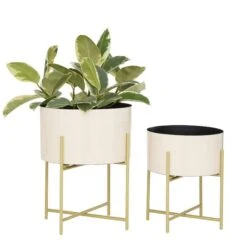 White Metal Contemporary Planter With Gold Legs Set