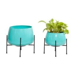 Metal Round Contemporary Planter Set Teal