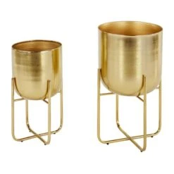 Metal Contemporary Stand Planter Set Gold