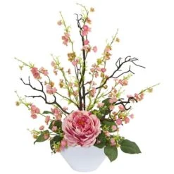 23" Rose & Cherry Blossom Arrangement In White Planter Pink