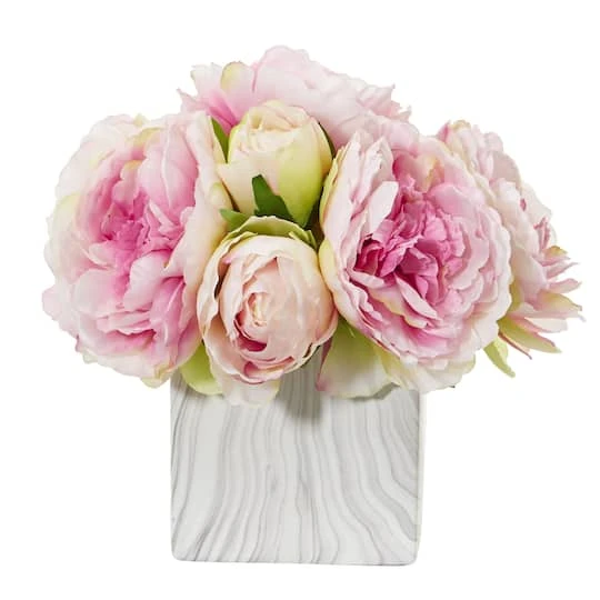 Peony Artificial Arrangement In Marble Finished Vase 1 Peony Artificial Arrangement In Marble Finished Vase