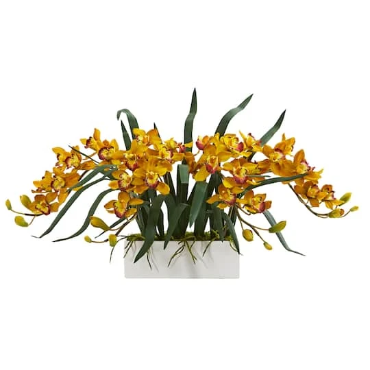 Cymbidium Artificial Arrangement In White Vase 2 Cymbidium Artificial Arrangement In White Vase - Image 2