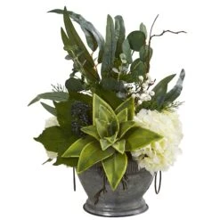 Hydrangea, Succulent And Eucalyptus Artificial Arrangement In Vintage Bowl With Copper Trimming -Michaels Shop D387149S 1 1