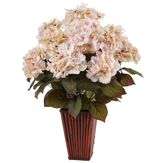 Hydrangea Silk Arrangement In Bamboo Planter 1 Hydrangea Silk Arrangement In Bamboo Planter